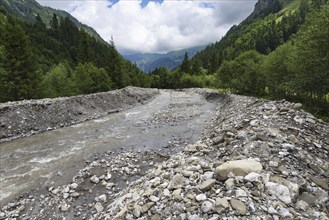 Illegal stream straightening in a nature reserve, Rappenalpbach in the Rappenalptal valley near