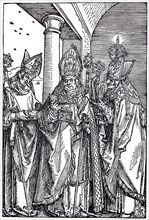 Ie three bishops Nicholas, Ulrich and Erasmus, woodcut by Albrecht Dürer, historical, digitally