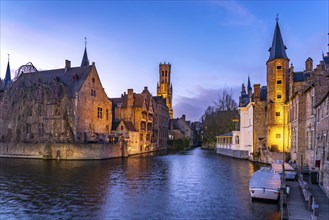 Rozenhoedkaai canal with belfry at dusk, Bruges, Belgium, Europe