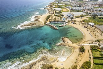 Agia Triada Beach or Trinity Beach seen from the air, Paralimni, Cyprus, Europe