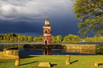 Lighthouse at the Fasanenschlösschen in Moritzburg with thunderstorm sky