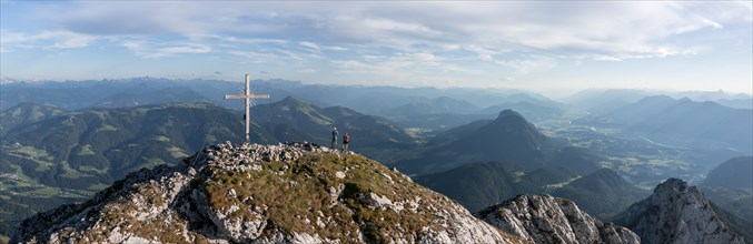 Alpine panorama, Two hikers at the summit, Aerial view, Evening atmosphere in the mountains, Summit