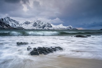 Rocky coast at Haukland beach, Vestvagoya, Lofoten, Norway, Europe