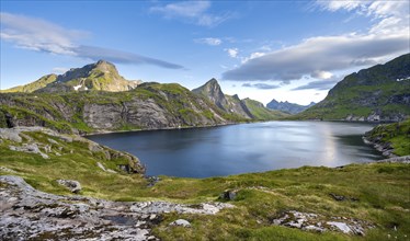 Mountain landscape with lake Tennesvatnet, at sunrise, Moskenesoya, Lofoten, Nordland, Norway,