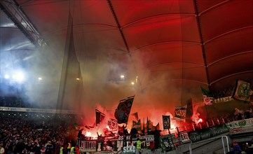 Bengalos, pyrotechnics, pyro, fireworks, Werder Bremen fan block, MHPArena, MHP Arena Stuttgart,