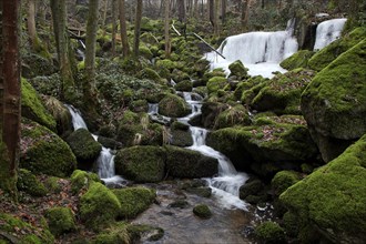 Moss-covered rocks, waterfalls, wooden bridge, Geishöll waterfalls, In der Geishöll, near