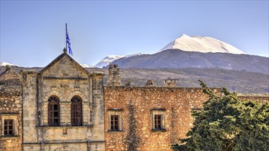 HDR, main entrance, close, national flag, Ida massif, Psiloritis, snow-capped mountain, Arkadi,