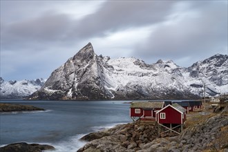 Rorbuer cabins of Hamnoy by the fjord, snowy mountains in the back, Hamnoy, Reine, Moskenesoya,