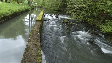 Flowing river Aufsess in front of a mill, Doos, Upper Franconia, Bavaria, Germany, Europe