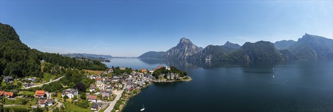 Drone shot, panorama shot, Johannesberg Chapel, Traunkirchen with Traunstein, Lake Lake Traun,