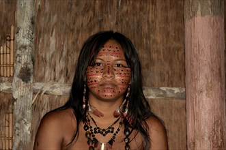 Portrait of an Indian woman from the Dessanos tribe with traditional paintings on her face, Rio