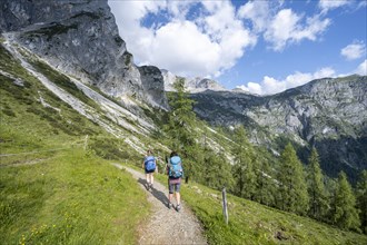 Three hikers on the trail to the Hochkönig, Salzburger Land, Austria, Europe