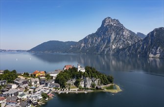 Drone shot, panorama shot, Johannesberg Chapel, Traunkirchen with Traunstein, Lake Lake Traun,