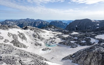 Mountain lake, snow remains, high alpine landscape, Übergossene Alm, Berchtesgaden Alps, Salzburger