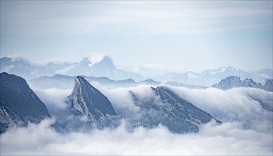 Churfirsten, high fog in the valley, view from SÃ¤ntis, Appenzell Ausserrhoden, Appenzell Alps,