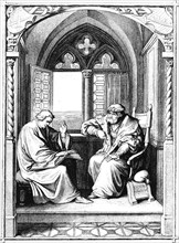 Martin Luther reads from the Bible to the Elector of Saxony, John the Steadfast, castle, interior,