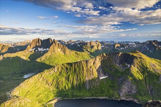 Fjord and mountains, view of Breidtinden peak, Senja, Norway, Europe