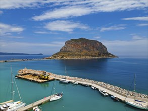 Drone shot, Monemvasia rocks, Monemvassia, Monemwassia, Monembasia, Laconia, Peloponnese, Greece,