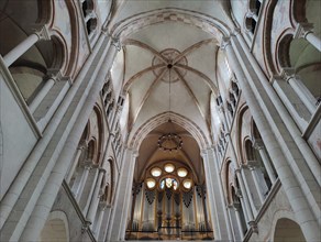 Limburg Cathedral St. George, interior view with organ and view upwards to the ceiling, Limburg an