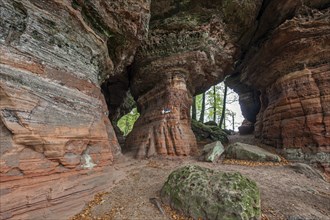 Old castle rock, red sandstone rock formation, natural and cultural monument, Brechenberg near