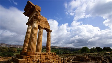 Super wide angle shot, columns, chapter, entablature, corner of a temple, post-thunderstorm mood,