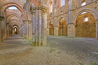 Nave with side aisles, church ruins of the Cistercian Abbey of San Galgano, Abbazia San Galgano,