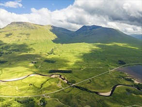 Loch Tulla and Beinn Dorain from a drone, Glen Coe, Highlands, Scotland, UK