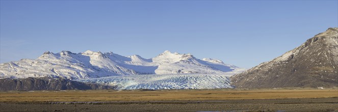 Aerial view over ice tongue Falljökull in winter, one of many outlet glaciers of Vatnajökull, Vatna