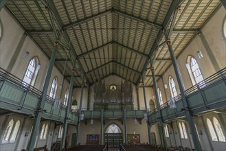 Interior with organ loft of the neo-Gothic church, built around 1860, Köndringen,