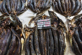 Dried fish, fish market, market hall Mercado dos Lavradores, Funchal, Madeira Island, Portugal,