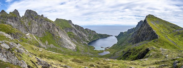 Panorama, view of the fjord Djupfjorden with mountain landscape, hiking trail to Munkebu hut,