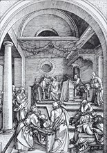 Picture cycle The Life of the Virgin, Christ among the Doctors in the Temple, woodcut by Albrecht