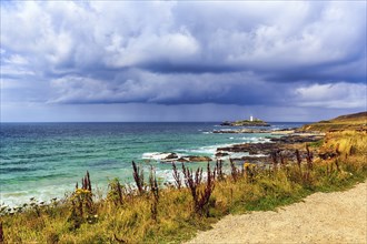 Footpath, South West Coast Path, Coastline with Godrevy Island and Lighthouse, Landscape