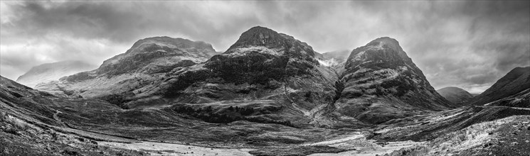 Panorama of Three Sisters Of Glencoe, Scotland in Black and White, Scotland, UK