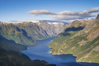 View from Seiskallafjellet into the Nordfjorden, Svartisen Glacier in the background, Saltfjellet