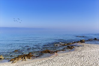 Coastline in the morning mist, sandy beach with rocks by the sea, blue sky, L'Île-Rousse, Ile