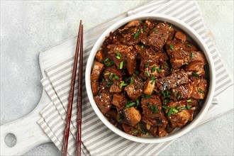 Bulgogi, with mushrooms, with sesame seeds and green onions, Korean cuisine, homemade, no people