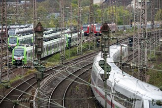 ICE train on the track, regional trains, suburban trains, on the tracks of a railway depot, waiting