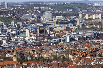 View of the state capital Stuttgart, the towers of the town hall, collegiate church, Tagblatt tower