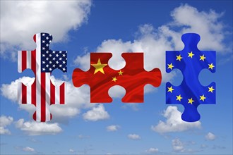 Puzzle pieces, USA, China Europe, trade war, customs union, put together, adjust, customs, tax