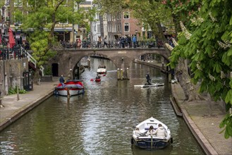 Utrecht, Netherlands, historic city centre, Oudegracht, canal, bridge, pedal boats