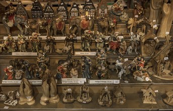 Stand with nativity scene figures at the Christkindlesmarkt, Nuremberg, Middle Franconia, Bavaria,