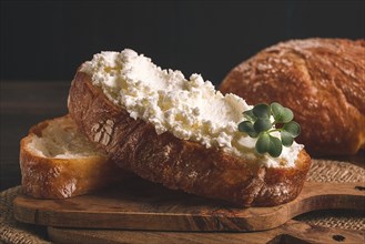 Sandwich, with cream cheese, homemade, on a cutting board, rustic style, no people, selective