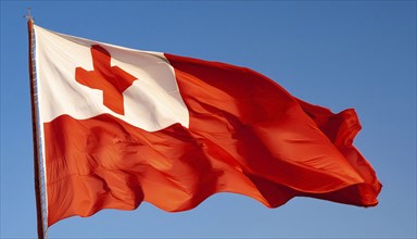 The flag of Tonga, Pacific island state, flutters in the wind, isolated against a blue sky