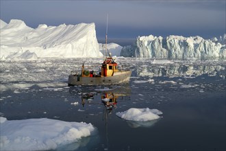 Denmark, Greenland, typical landscape, bizarre ice structure, drift ice, fishing boat, drift ice,