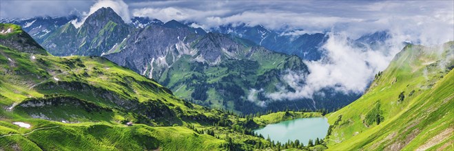 Panorama from Zeigersattel to Seealpsee, on the left behind the Höfats 2259m, AllgÃ¤u Alps,