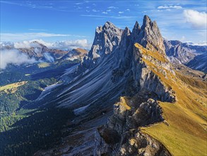 The Sas Rigais and Furchetta peaks of the Odle Group, drone shot, Val Gardena, Dolomites,