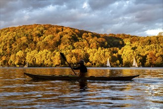 Lake Baldeney, a reservoir of the Ruhr, in Essen, autumn, sailing boats, headframe of the former