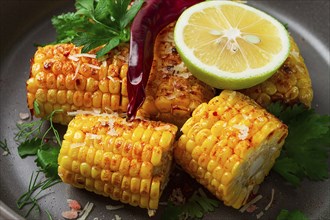 Grilled corn with spices, top view, no people, homemade