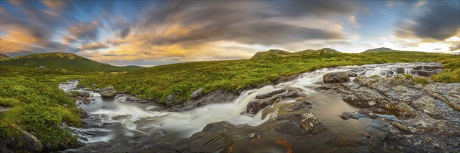 River and waterfall near lake Savalen, Fjell, long exposure, landscape shot, evening mood, sunset,